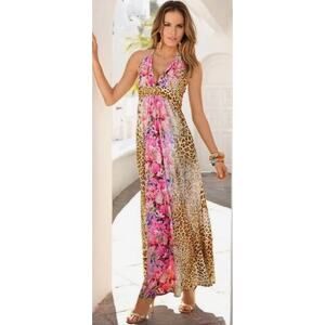 Boston Proper Size 6 Medium Floral Animal Print Leopard Halter Maxi Dress